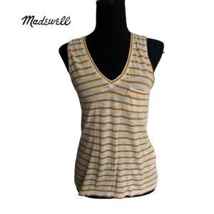 Madewell Mustard Yellow and White Striped V-neck Pocket Tank - xxs